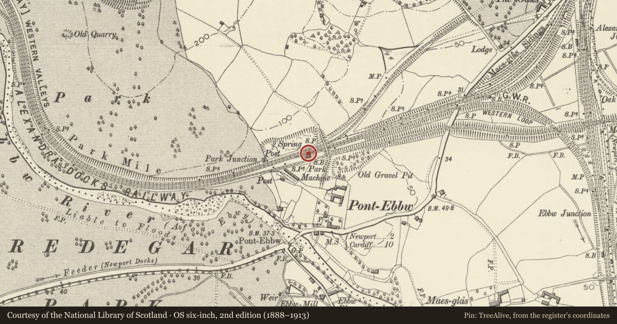 Ordnance Survey six-inch map, 2nd edition (1888–1913) covering the location of Park Junction Signal Box, Gaer, Newport, with a pin at the register's coordinates