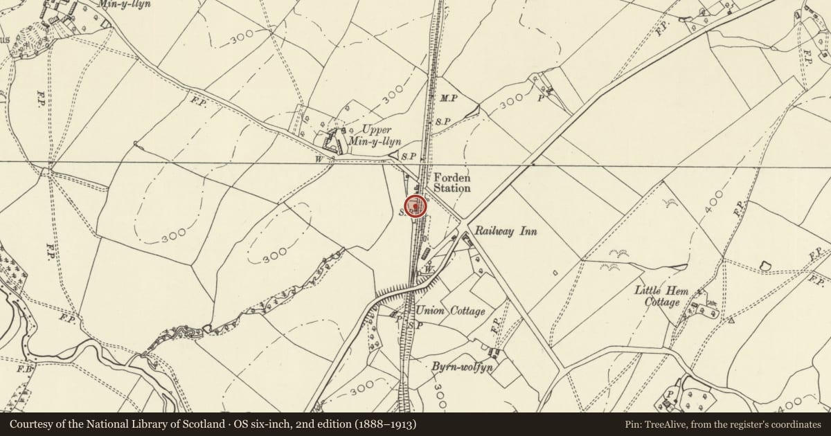 Ordnance Survey six-inch map, 2nd edition (1888–1913) covering the location of Forden Signal Box, Forden with Leighton and Trelystan, Powys, with a pin at the register's coordinates