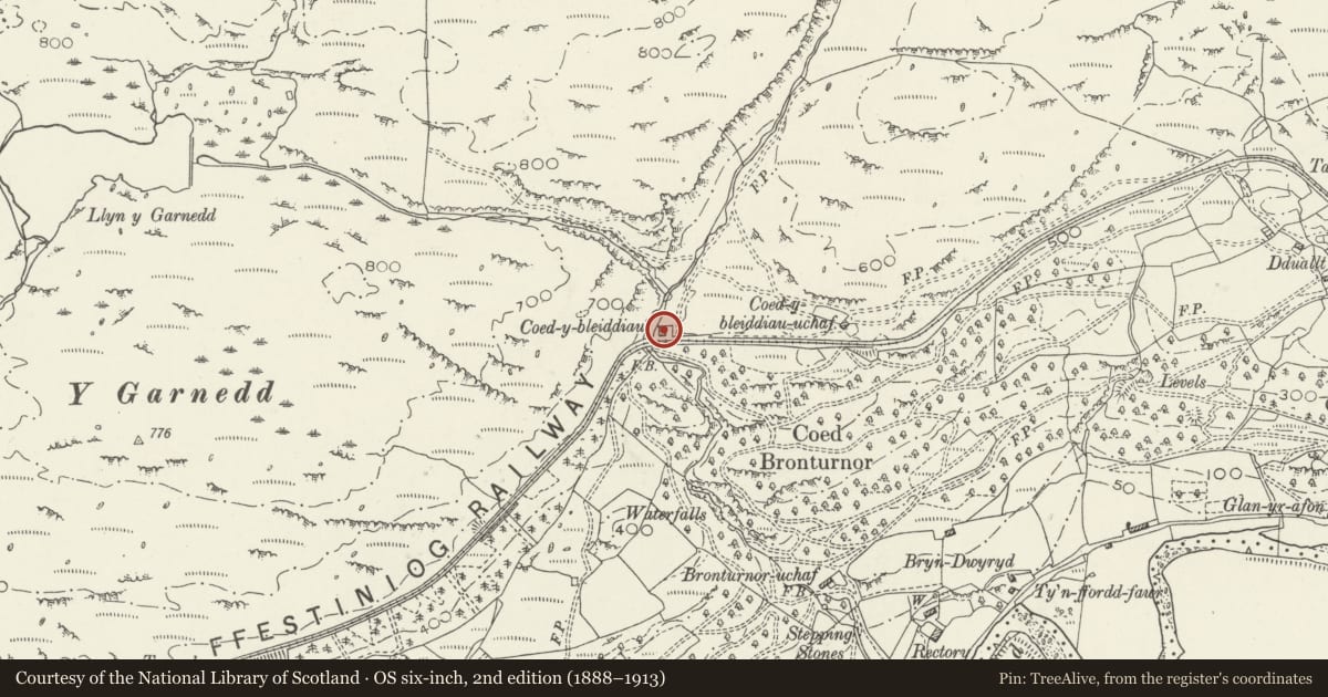 Ordnance Survey six-inch map, 2nd edition (1888–1913) covering the location of Coed-y-Bleiddiau, Maentwrog, Gwynedd, with a pin at the register's coordinates