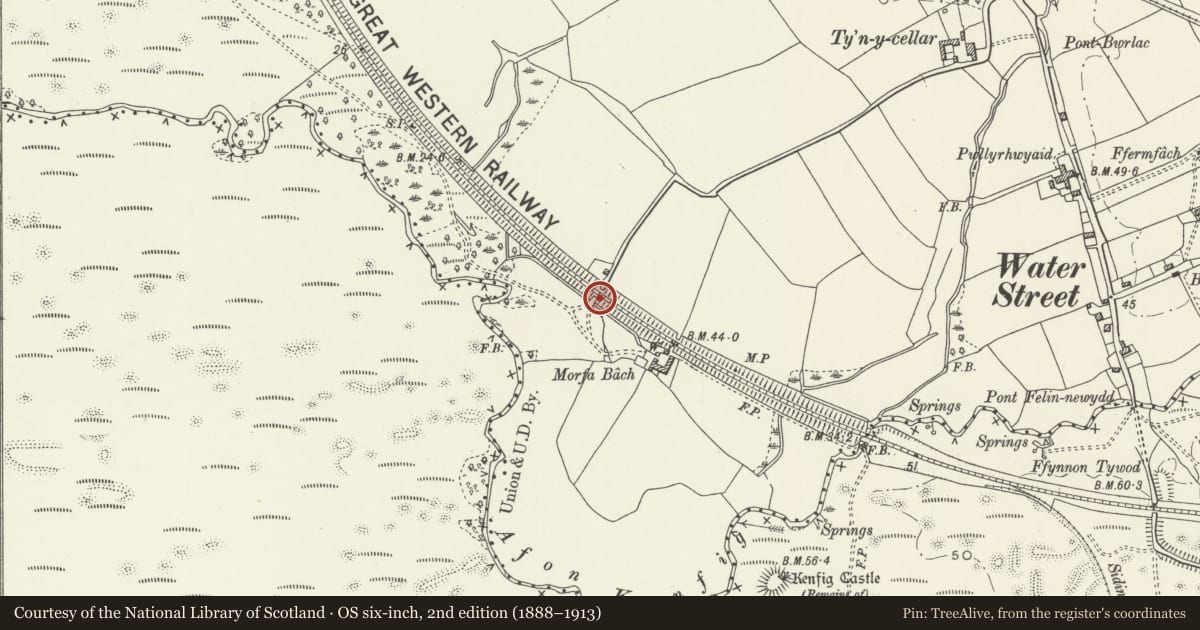 Ordnance Survey six-inch map, 2nd edition (1888–1913) covering the location of Morfa Bach Access Underbridge (West), Margam Moors, Neath Port Talbot, with a pin at the register's coordinates