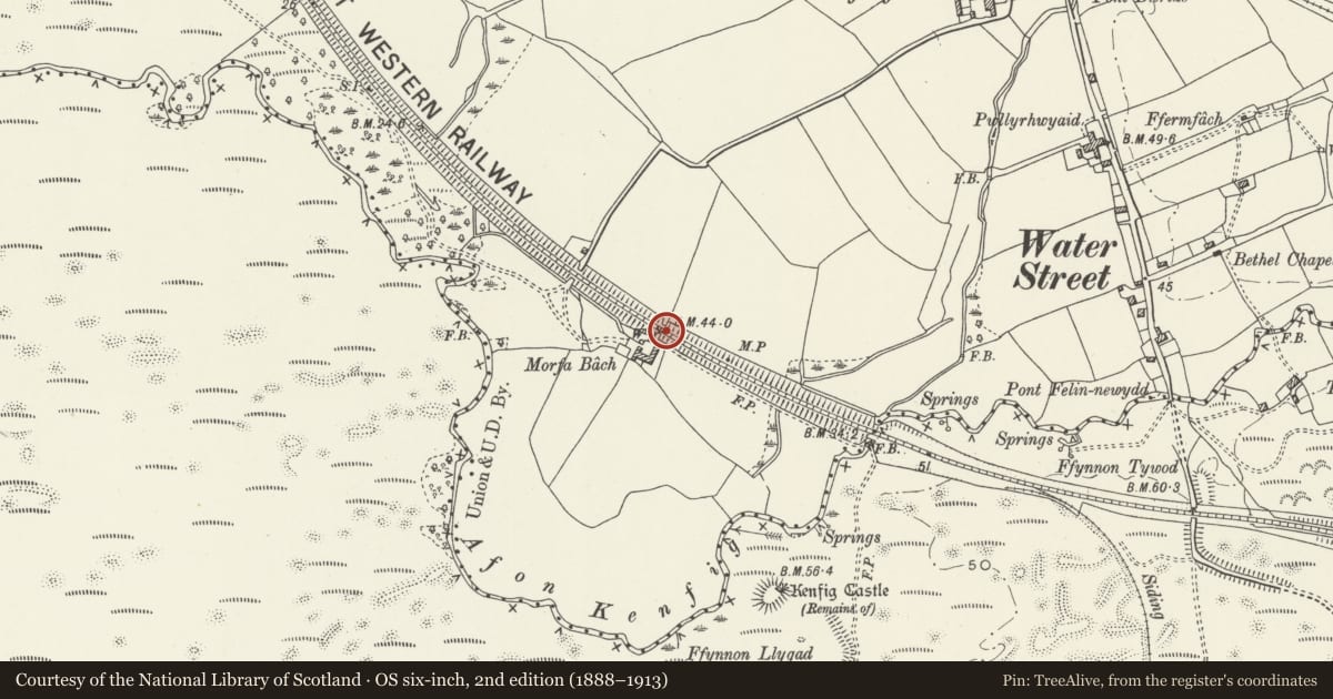 Ordnance Survey six-inch map, 2nd edition (1888–1913) covering the location of Morfa Bach Access Underbridge (East), Margam Moors, Neath Port Talbot, with a pin at the register's coordinates