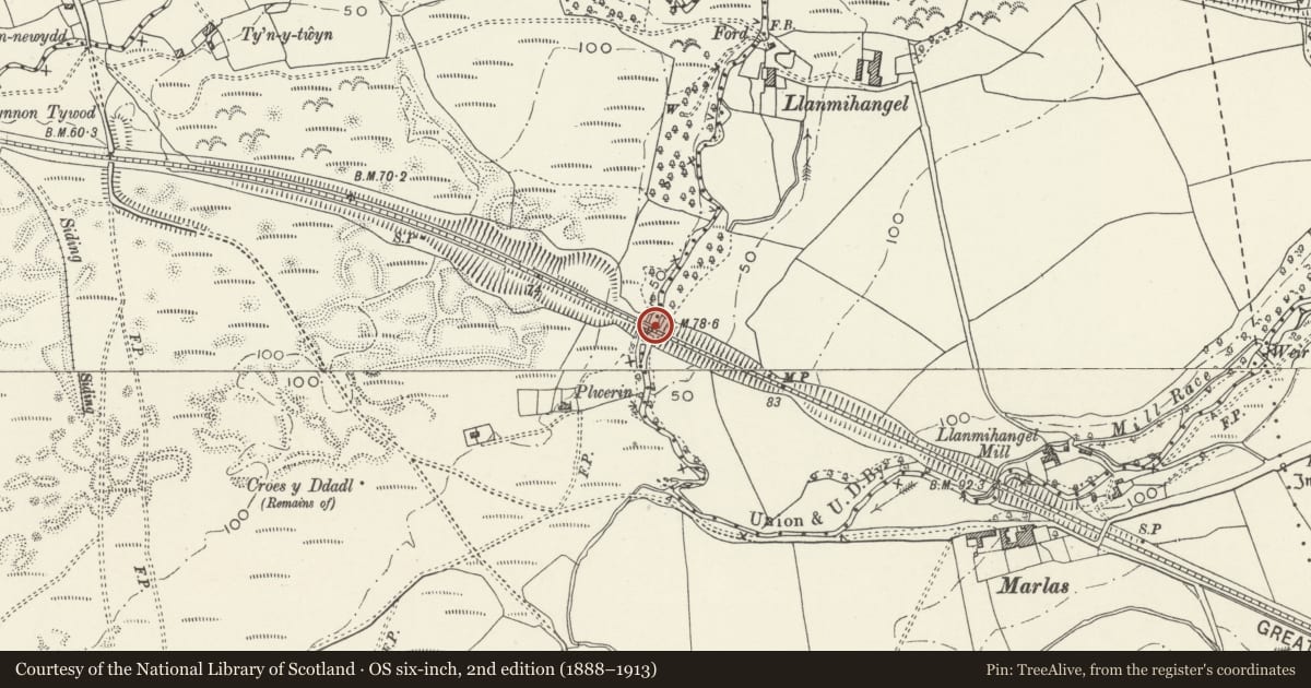 Ordnance Survey six-inch map, 2nd edition (1888–1913) covering the location of River Black Underbridge, Cornelly, Bridgend, with a pin at the register's coordinates