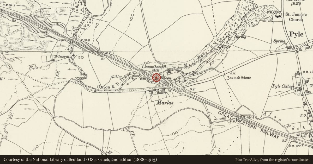 Ordnance Survey six-inch map, 2nd edition (1888–1913) covering the location of Mill Bridge Underbridge, Pyle, Bridgend, with a pin at the register's coordinates