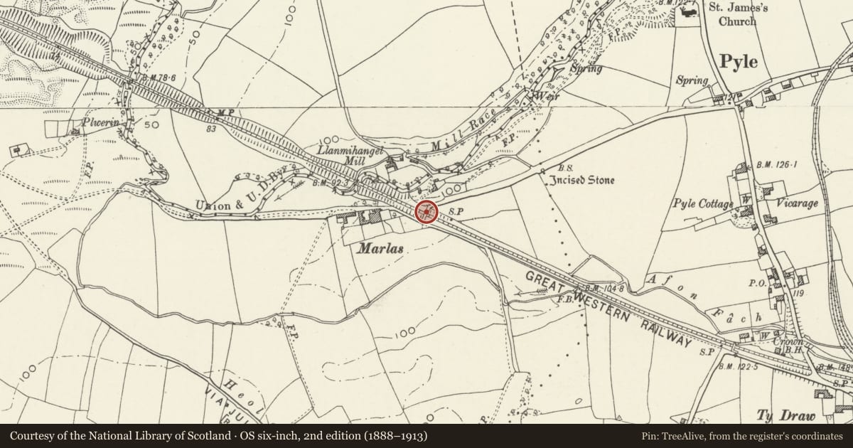 Ordnance Survey six-inch map, 2nd edition (1888–1913) covering the location of Marlas Road Overbridge, Pyle, Bridgend, with a pin at the register's coordinates