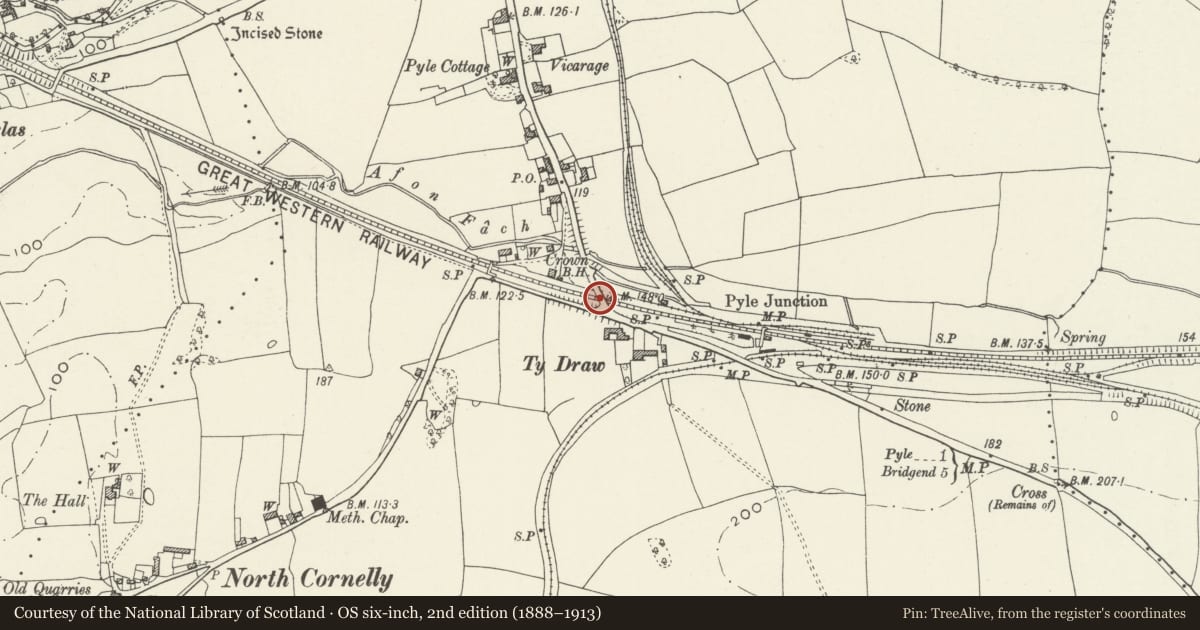 Ordnance Survey six-inch map, 2nd edition (1888–1913) covering the location of Pyle Road Overbridge, Bridgend, with a pin at the register's coordinates