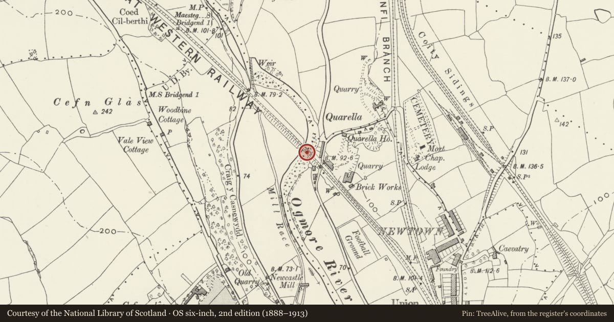 Ordnance Survey six-inch map, 2nd edition (1888–1913) covering the location of River Ogmore Viaduct, Bridgend, with a pin at the register's coordinates