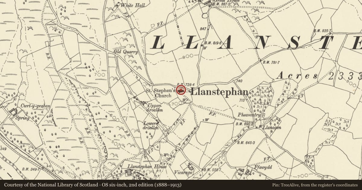 Ordnance Survey six-inch map, 2nd edition (1888–1913) covering the location of Church of St Stephen (also known as Steffan and Istyffan), Glasbury, Powys, with a pin at the register's coordinates