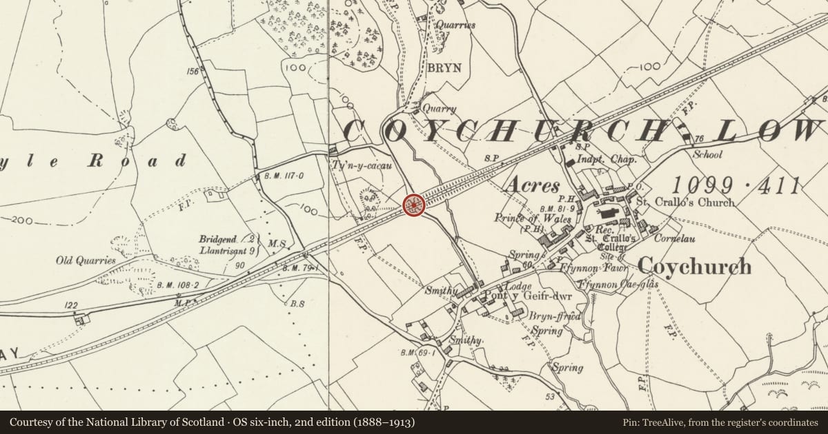 Ordnance Survey six-inch map, 2nd edition (1888–1913) covering the location of Coychurch Underbridge, Coychurch Lower, Bridgend, with a pin at the register's coordinates