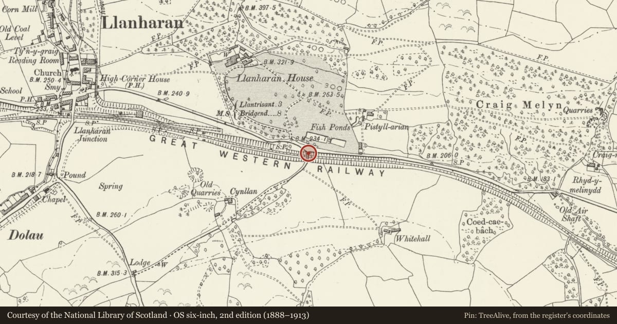 Ordnance Survey six-inch map, 2nd edition (1888–1913) covering the location of Squires Overbridge, Llanharan, Rhondda Cynon Taff, with a pin at the register's coordinates