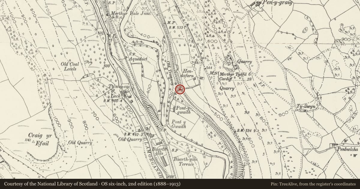 Ordnance Survey six-inch map, 2nd edition (1888–1913) covering the location of Pontygwaith Rail Overbridge, Treharris, Merthyr Tydfil, with a pin at the register's coordinates