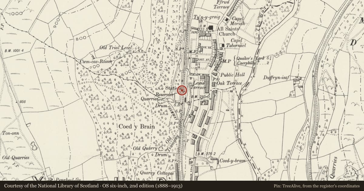 Ordnance Survey six-inch map, 2nd edition (1888–1913) covering the location of Footbridge at Llanbradach Station, Llanbradach and Pwllypant, Caerphilly, with a pin at the register's coordinates