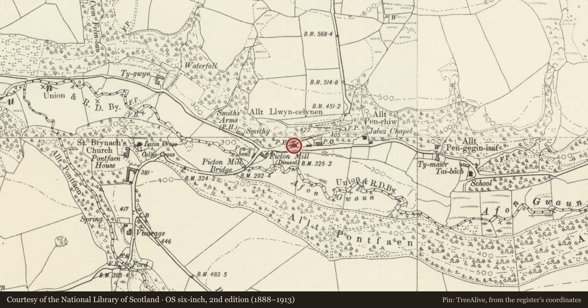 Ordnance Survey six-inch map, 2nd edition (1888–1913) covering the location of Dyffryn Arms Public House, Cwm Gwaun, Pembrokeshire, with a pin at the register's coordinates