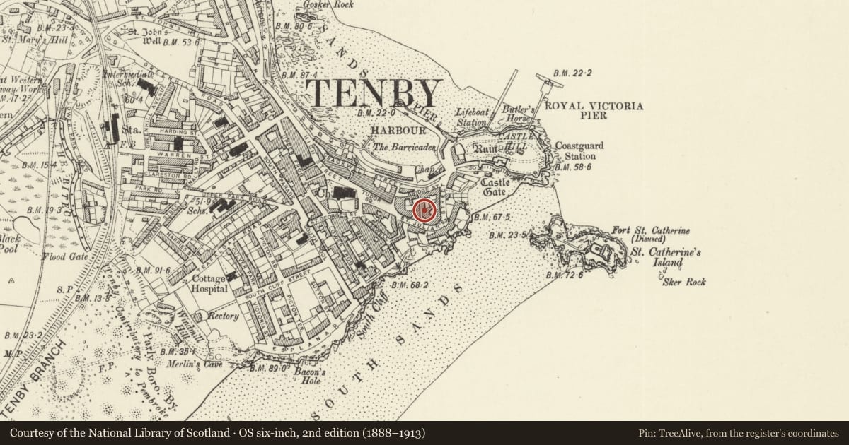 Ordnance Survey six-inch map, 2nd edition (1888–1913) covering the location of Former Stables on Sergeants Lane, Tenby, Pembrokeshire, with a pin at the register's coordinates