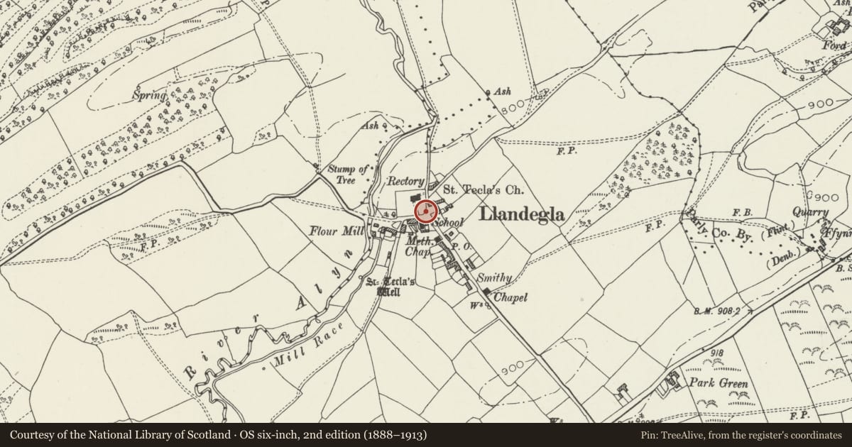 Ordnance Survey six-inch map, 2nd edition (1888–1913) covering the location of War Memorial at St Tecla’s Church, Llandegla, Denbighshire, with a pin at the register's coordinates