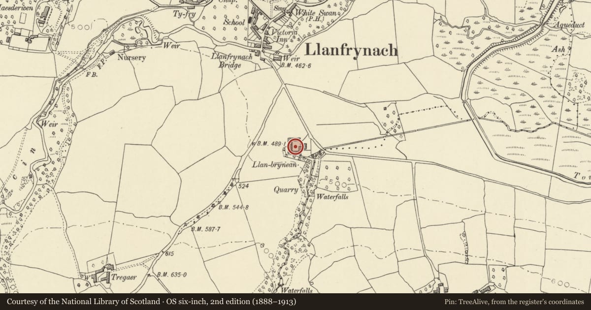 Ordnance Survey six-inch map, 2nd edition (1888–1913) covering the location of Former Farmhouse and Buildings at Llanbrynean Farm, Llanfrynach, Powys, with a pin at the register's coordinates