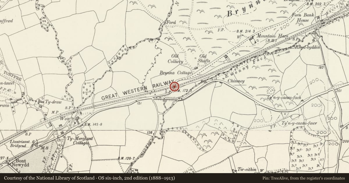 Ordnance Survey six-inch map, 2nd edition (1888–1913) covering the location of Brynnau Gwynion Overbridge, Llanharan, Rhondda Cynon Taff, with a pin at the register's coordinates