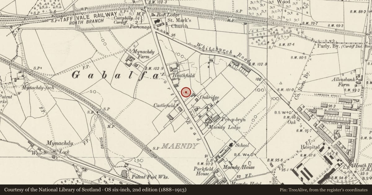 Ordnance Survey six-inch map, 2nd edition (1888–1913) covering the location of Parish Church of St Mark, Gabalfa, Cardiff, with a pin at the register's coordinates