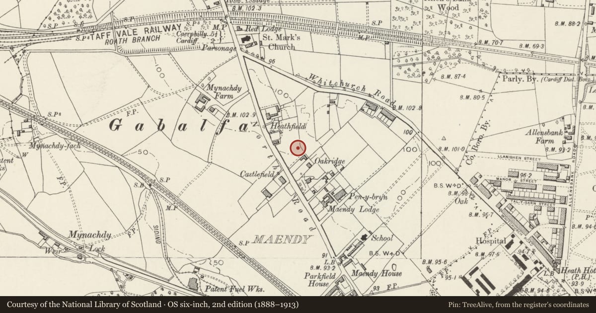 Ordnance Survey six-inch map, 2nd edition (1888–1913) covering the location of Vicarage to Parish Church of St Mark, Gabalfa, Cardiff, with a pin at the register's coordinates