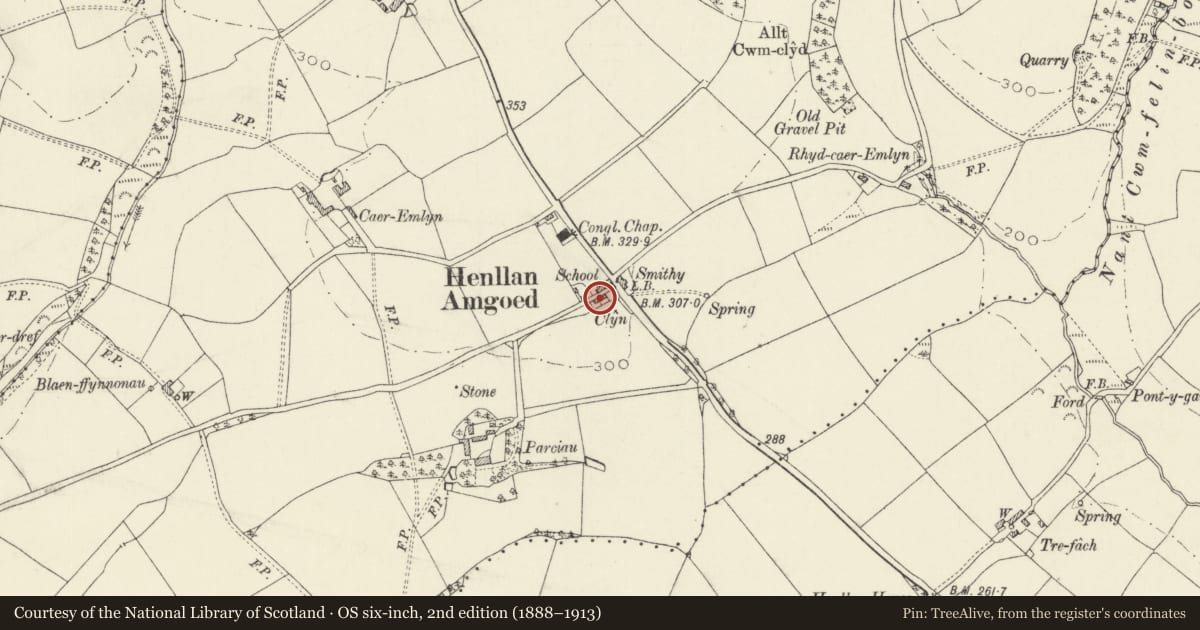 Ordnance Survey six-inch map, 2nd edition (1888–1913) covering the location of 2 Clun Cottages, Henllanfallteg, Carmarthenshire, with a pin at the register's coordinates