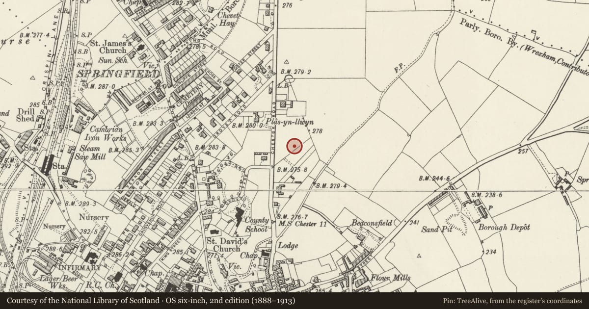 Ordnance Survey six-inch map, 2nd edition (1888–1913) covering the location of Former Grove Park School, Acton, Wrexham, with a pin at the register's coordinates