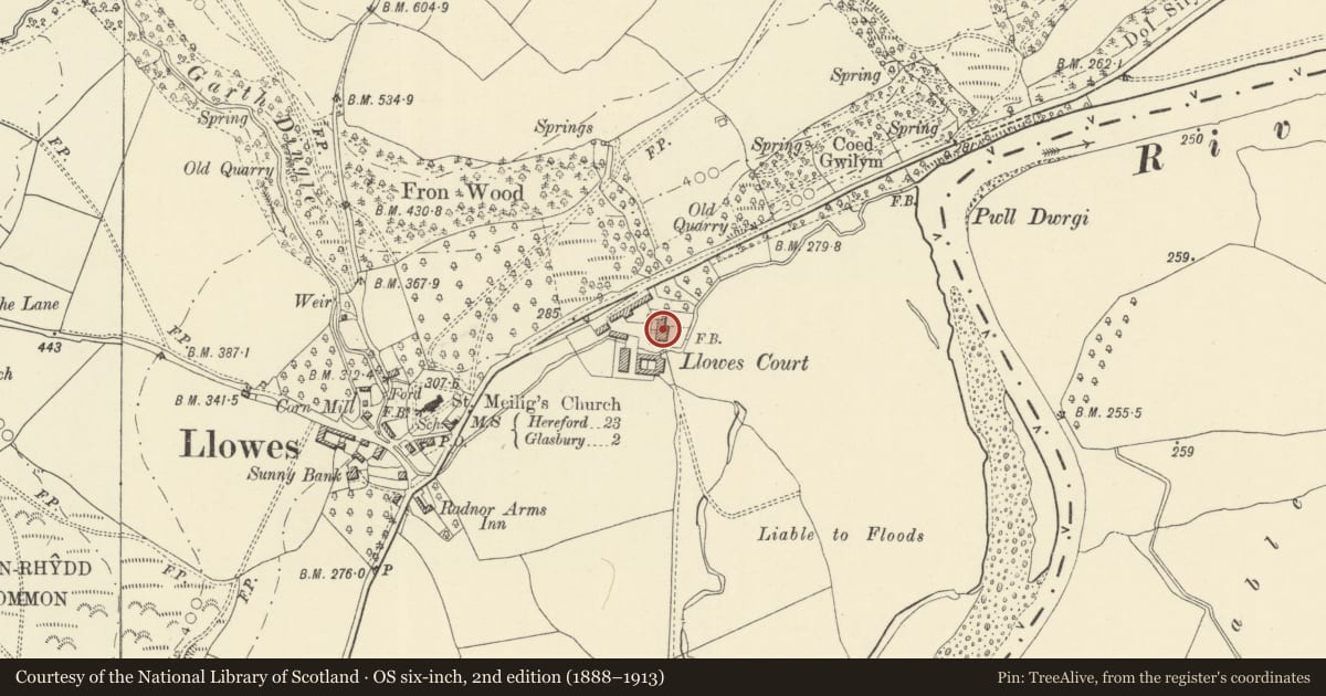 Ordnance Survey six-inch map, 2nd edition (1888–1913) covering the location of Llowes Court, Glasbury, Powys, with a pin at the register's coordinates