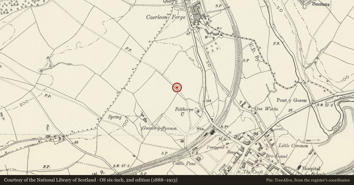 Ordnance Survey six-inch map, 2nd edition (1888–1913) covering the location of Caretaker’s/Gardener’s Lodge at the University of South Wales, Caerleon Campus, Newport, with a pin at the register's coordinates