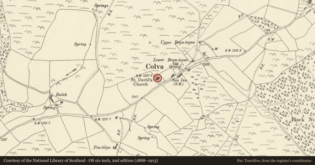 Ordnance Survey six-inch map, 2nd edition (1888–1913) covering the location of Church of St David, Gladestry, Powys, with a pin at the register's coordinates