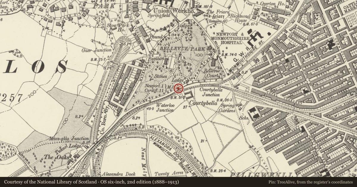 Ordnance Survey six-inch map, 2nd edition (1888–1913) covering the location of Milestone at Belle Vue Park, Pillgwenlly, Newport, with a pin at the register's coordinates