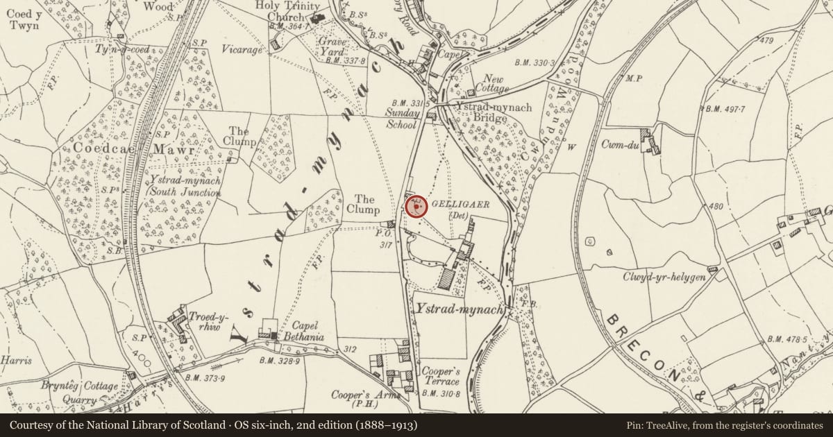 Ordnance Survey six-inch map, 2nd edition (1888–1913) covering the location of War Memorial, Gelligaer, Caerphilly, with a pin at the register's coordinates