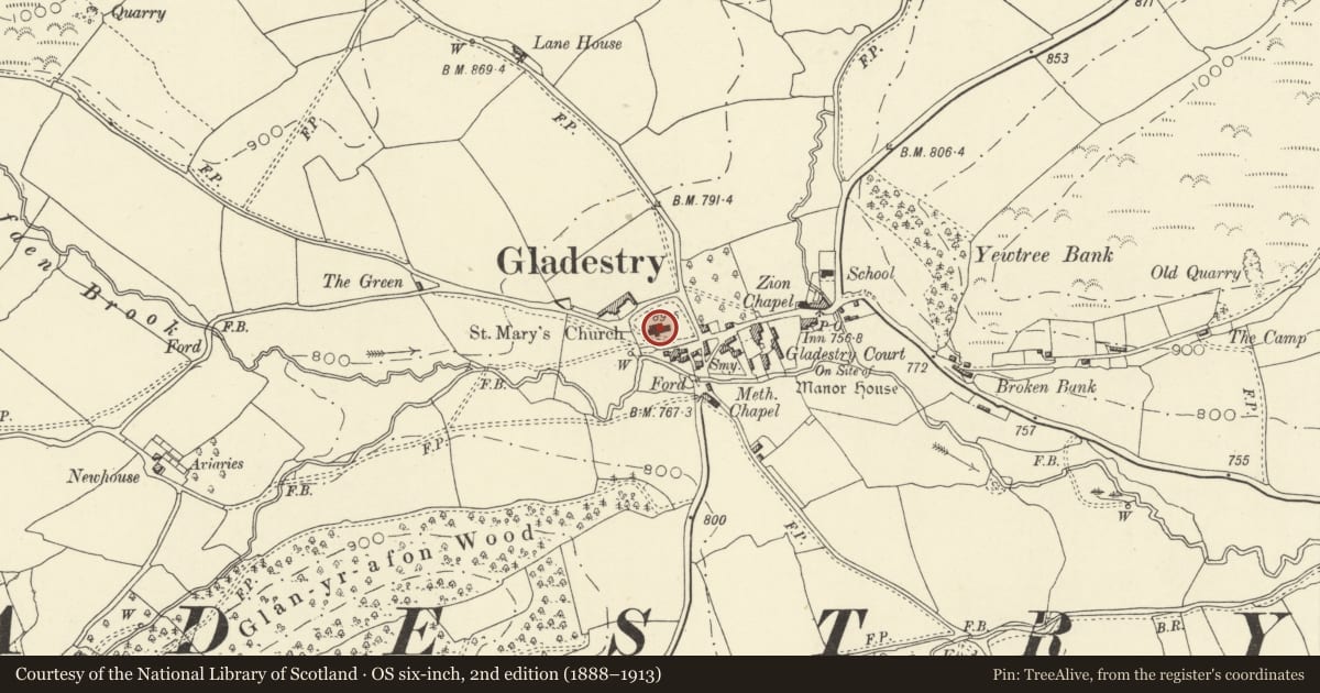 Ordnance Survey six-inch map, 2nd edition (1888–1913) covering the location of Parish Church of St Mary, Gladestry, Powys, with a pin at the register's coordinates