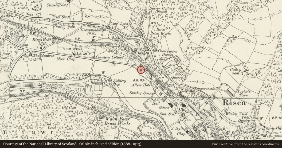 Ordnance Survey six-inch map, 2nd edition (1888–1913) covering the location of St Mary Street War Memorial, Risca, Caerphilly, with a pin at the register's coordinates