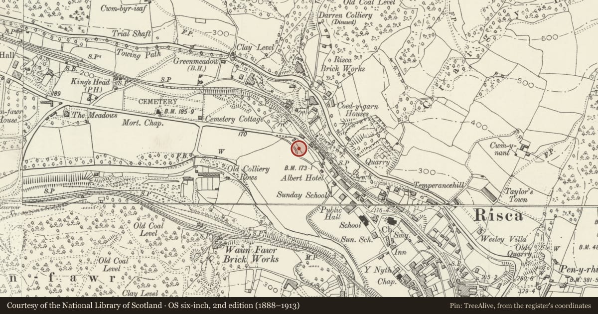 Ordnance Survey six-inch map, 2nd edition (1888–1913) covering the location of Railings and gates at St Mary Street War Memorial, Risca, Caerphilly, with a pin at the register's coordinates