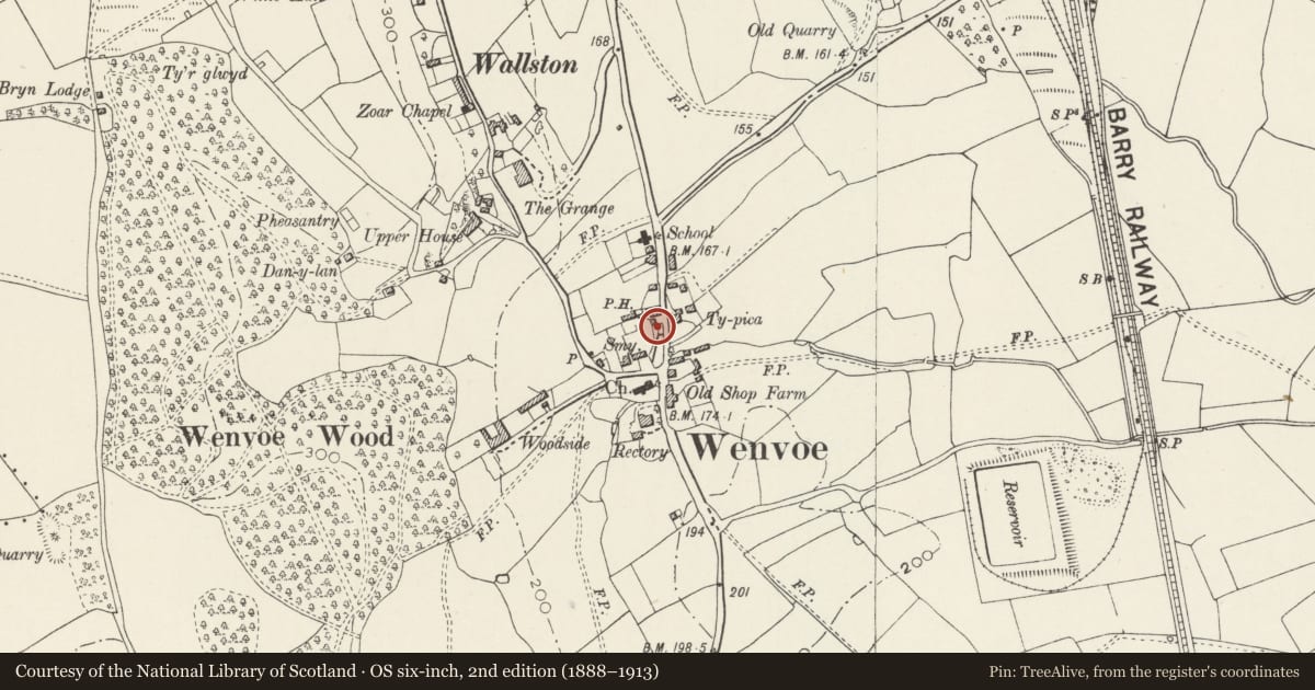 Ordnance Survey six-inch map, 2nd edition (1888–1913) covering the location of Wenvoe War Memorial, Vale of Glamorgan, with a pin at the register's coordinates