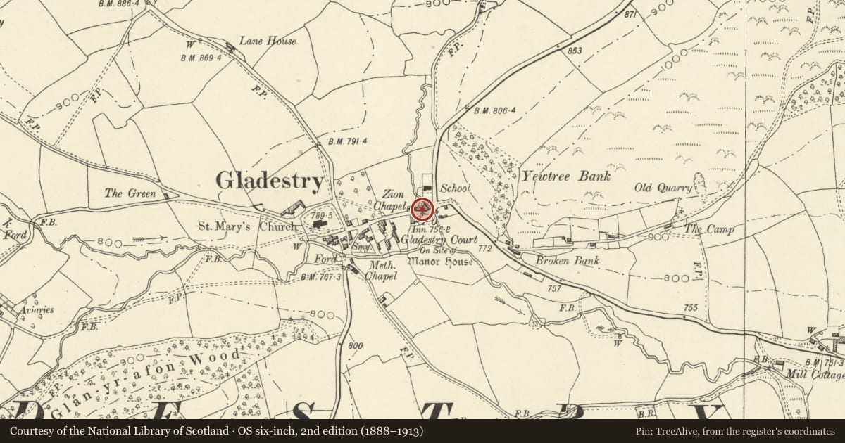 Ordnance Survey six-inch map, 2nd edition (1888–1913) covering the location of Former Meeting House to left of Gladestry Post Offices, Powys, with a pin at the register's coordinates
