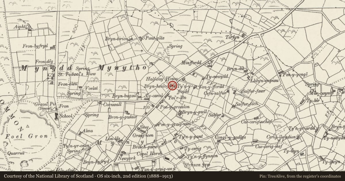 Ordnance Survey six-inch map, 2nd edition (1888–1913) covering the location of Bryn Heulog, Llanengan, Gwynedd, with a pin at the register's coordinates