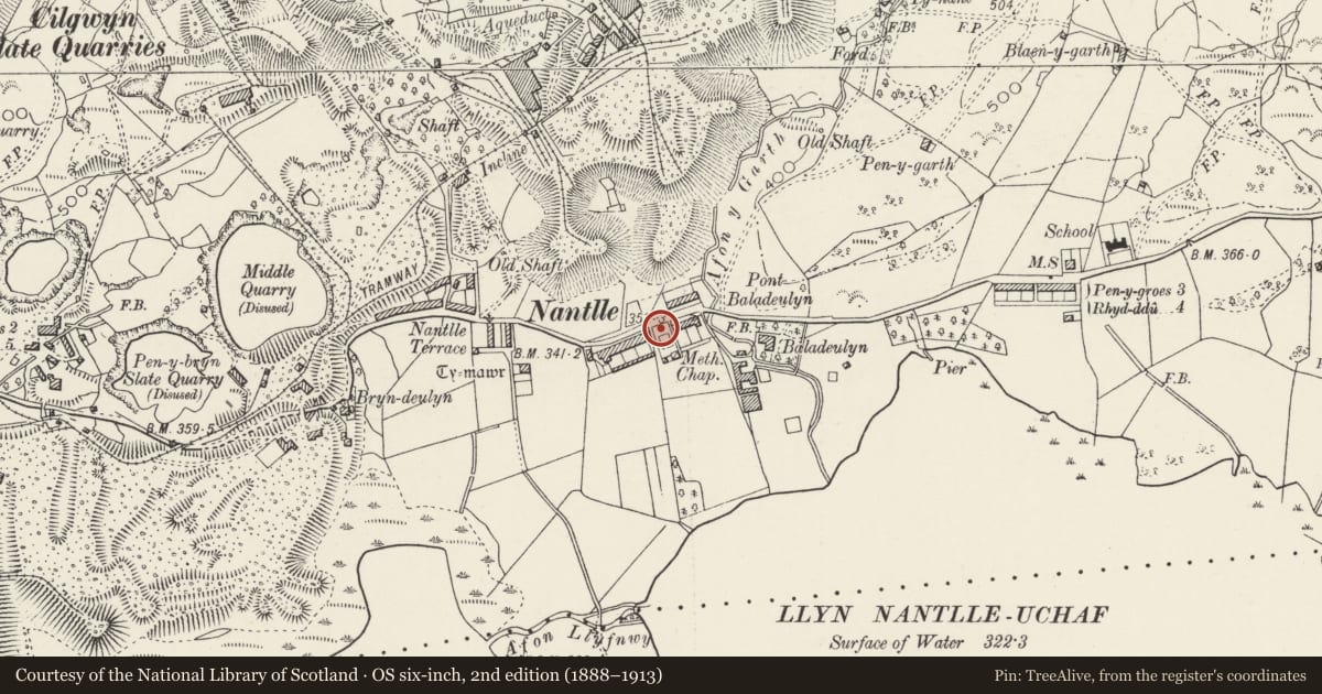 Ordnance Survey six-inch map, 2nd edition (1888–1913) covering the location of Penyrorsedd War Memorial, Llanllyfni, Gwynedd, with a pin at the register's coordinates
