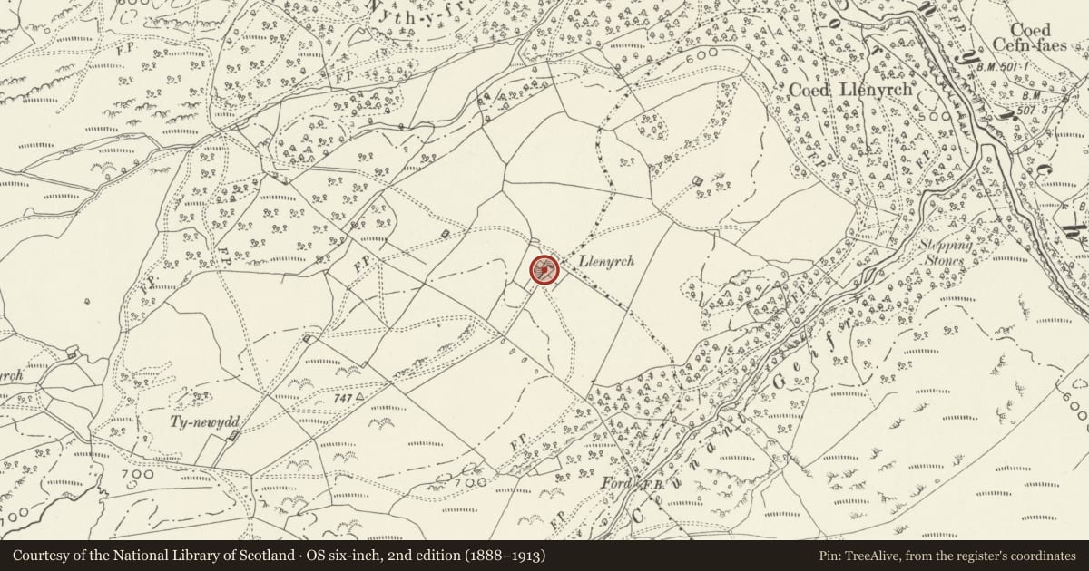 Ordnance Survey six-inch map, 2nd edition (1888–1913) covering the location of Llennyrch Farm, Talsarnau, Gwynedd, with a pin at the register's coordinates