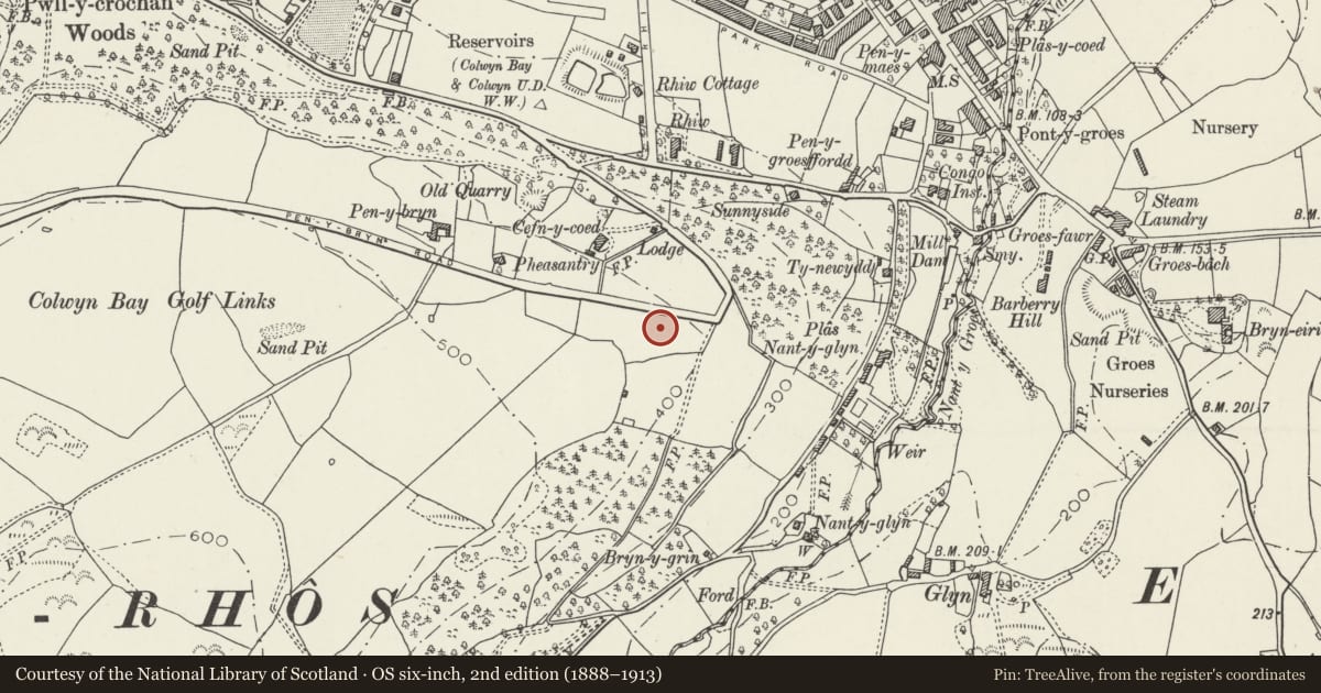 Ordnance Survey six-inch map, 2nd edition (1888–1913) covering the location of 5, 7, 9, 11 & 15 Pen y Bryn Road, Colwyn Bay, Conwy, with a pin at the register's coordinates