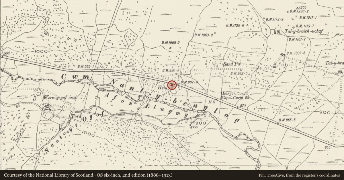 Ordnance Survey six-inch map, 2nd edition (1888–1913) covering the location of Outbuilding at Helyg, Capel Curig, Conwy, with a pin at the register's coordinates