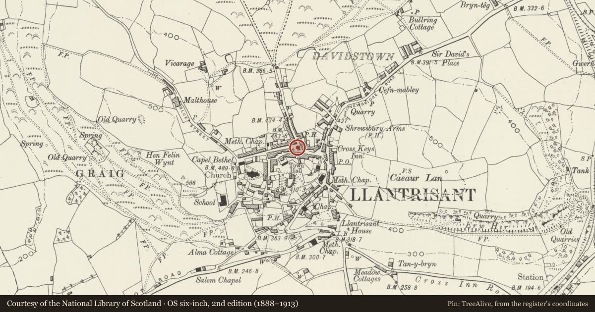 Ordnance Survey six-inch map, 2nd edition (1888–1913) covering the location of Statue of Dr William Price, Llantrisant, Rhondda Cynon Taff, with a pin at the register's coordinates