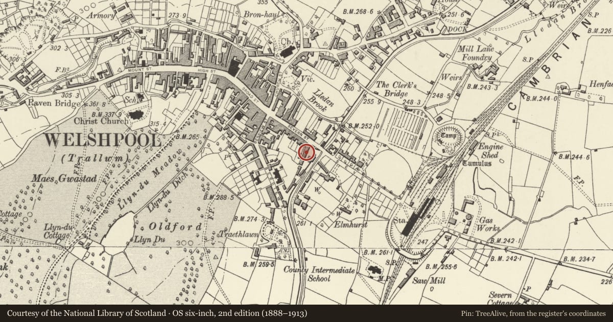 Ordnance Survey six-inch map, 2nd edition (1888–1913) covering the location of Cottage 2, Welshpool, Powys, with a pin at the register's coordinates