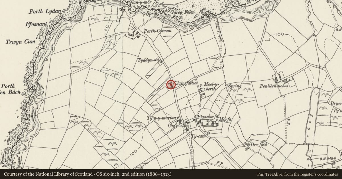 Ordnance Survey six-inch map, 2nd edition (1888–1913) covering the location of 2 Llain Fattw, Tudweiliog, Gwynedd, with a pin at the register's coordinates