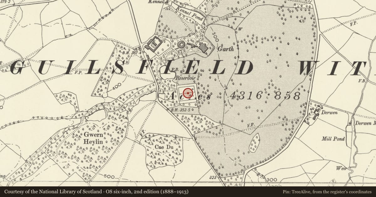 Ordnance Survey six-inch map, 2nd edition (1888–1913) covering the location of Walled Garden at Garth Farm and Heylin Farm, Guilsfield, Powys, with a pin at the register's coordinates