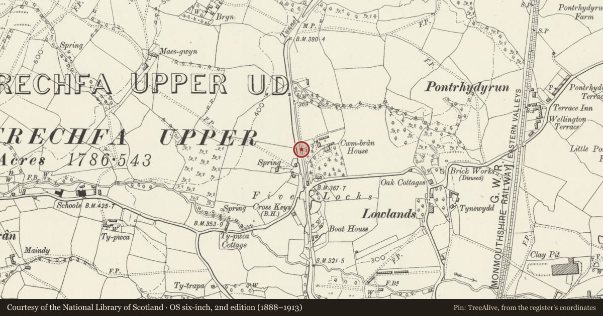Ordnance Survey six-inch map, 2nd edition (1888–1913) covering the location of Milepost north of Five Locks, Pontnewydd, Torfaen, with a pin at the register's coordinates