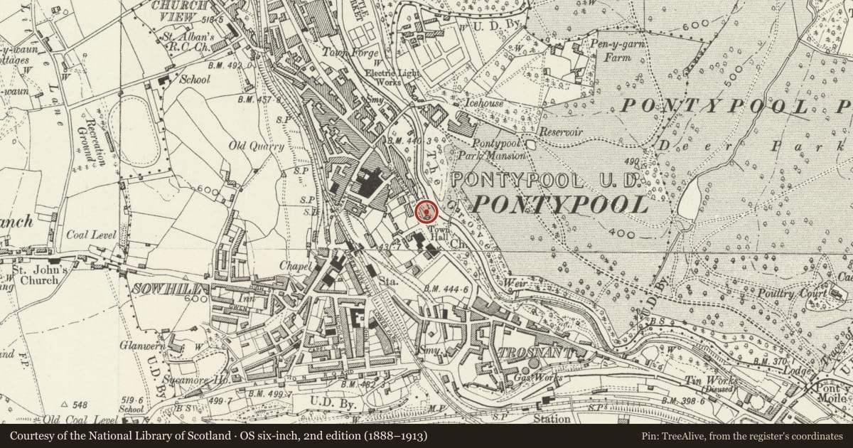 Ordnance Survey six-inch map, 2nd edition (1888–1913) covering the location of Pearl Assurance House, Pontymoile, Torfaen, with a pin at the register's coordinates