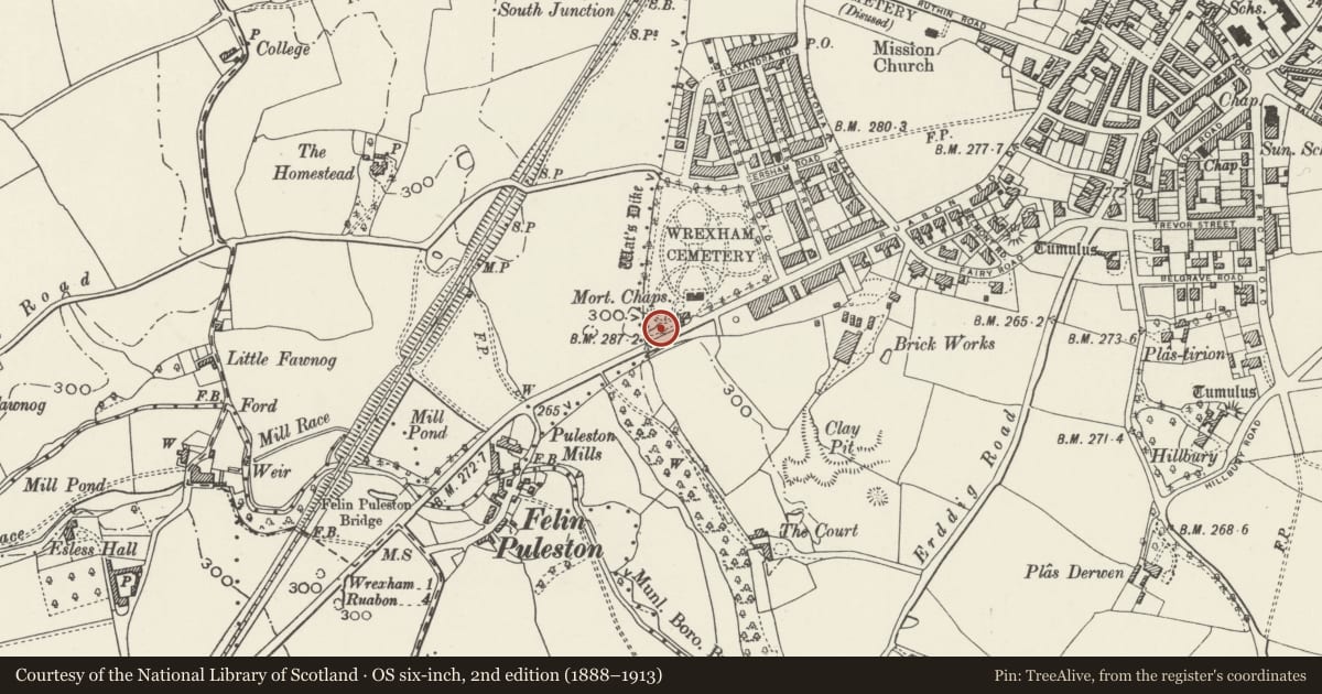 Ordnance Survey six-inch map, 2nd edition (1888–1913) covering the location of Mortuary at Wrexham Cemetery, Offa, Wrexham, with a pin at the register's coordinates