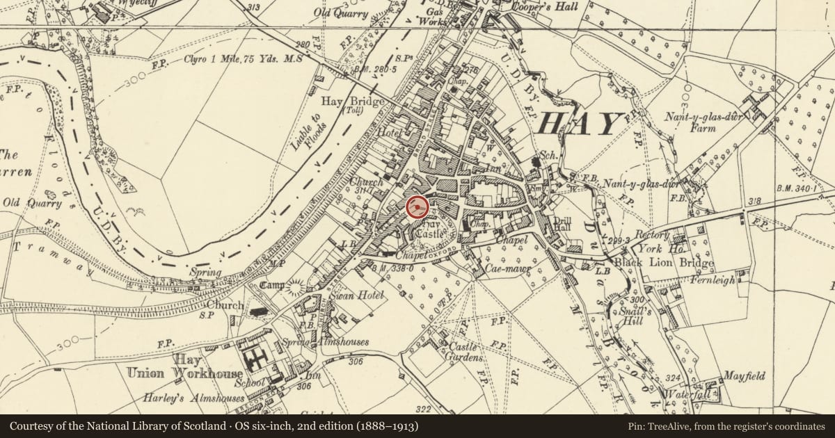 Ordnance Survey six-inch map, 2nd edition (1888–1913) covering the location of Hay & Cusop War Memorial, Powys, with a pin at the register's coordinates