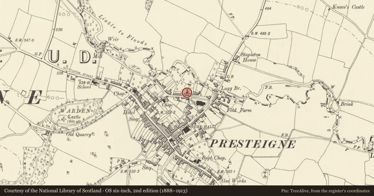 Ordnance Survey six-inch map, 2nd edition (1888–1913) covering the location of 12 Church Street, including rear range, Presteigne, Powys, with a pin at the register's coordinates