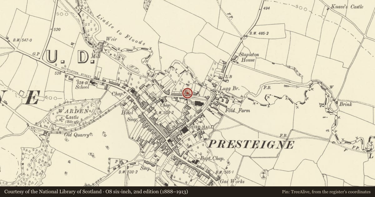 Ordnance Survey six-inch map, 2nd edition (1888–1913) covering the location of 13 Church Street, Presteigne, Powys, with a pin at the register's coordinates