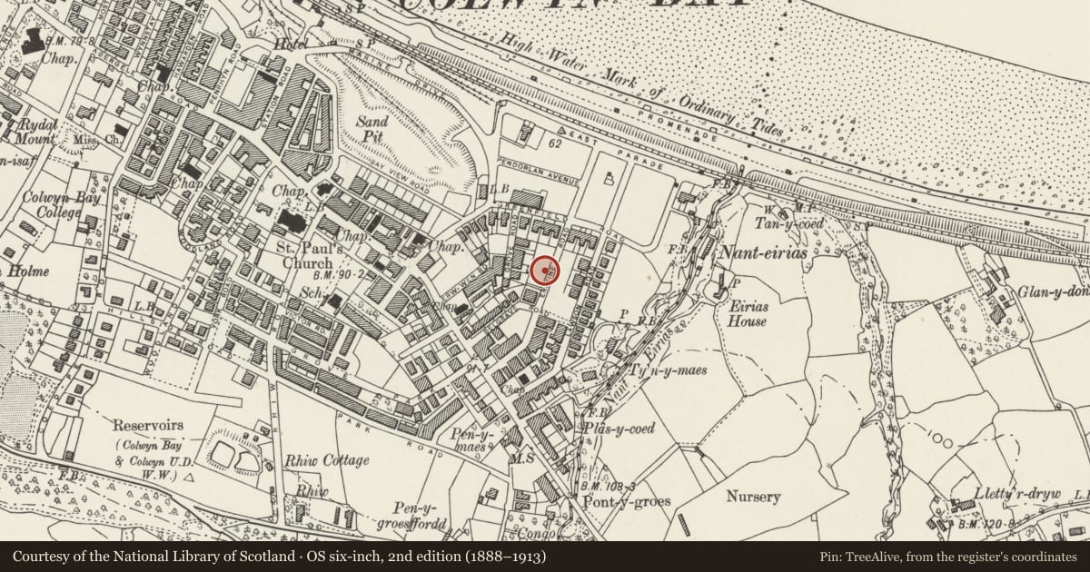 Ordnance Survey six-inch map, 2nd edition (1888–1913) covering the location of The Friends Meeting House, Colwyn Bay, Conwy, with a pin at the register's coordinates